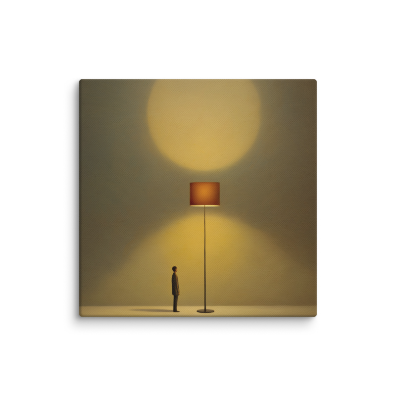 Tiny Figure & Lamp Canvas Print – Minimalist Surrealist Wall Art | Japandi Warm Home Decor