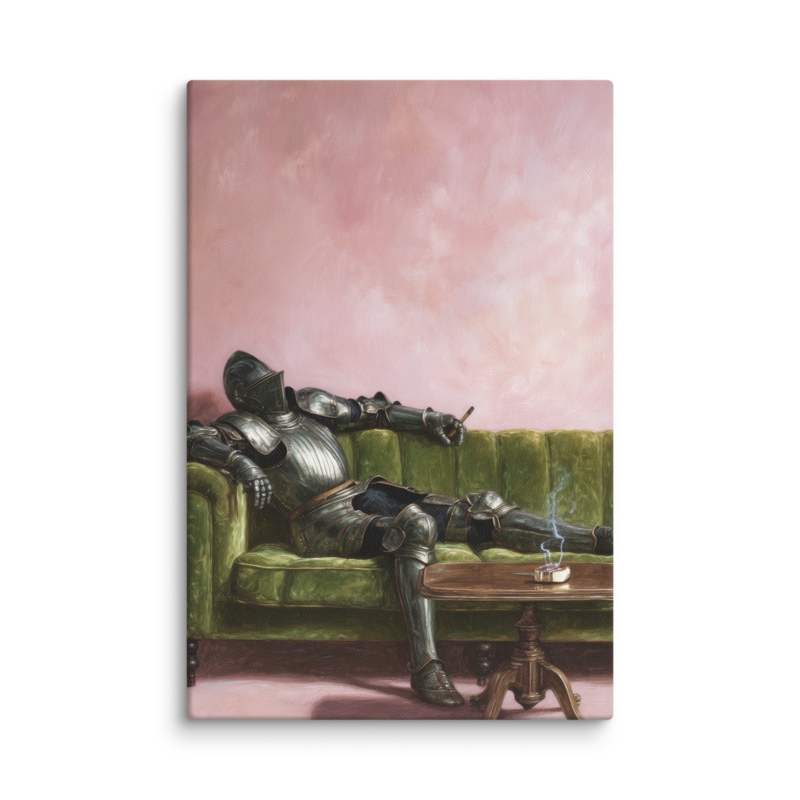 Surrealist Wall Art – Knight on Sofa Canvas Print | Funny Eclectic Maximalist Home Decor
