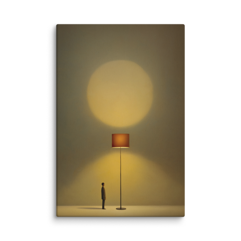 Tiny Figure & Lamp Canvas Print – Minimalist Surrealist Wall Art | Japandi Warm Home Decor