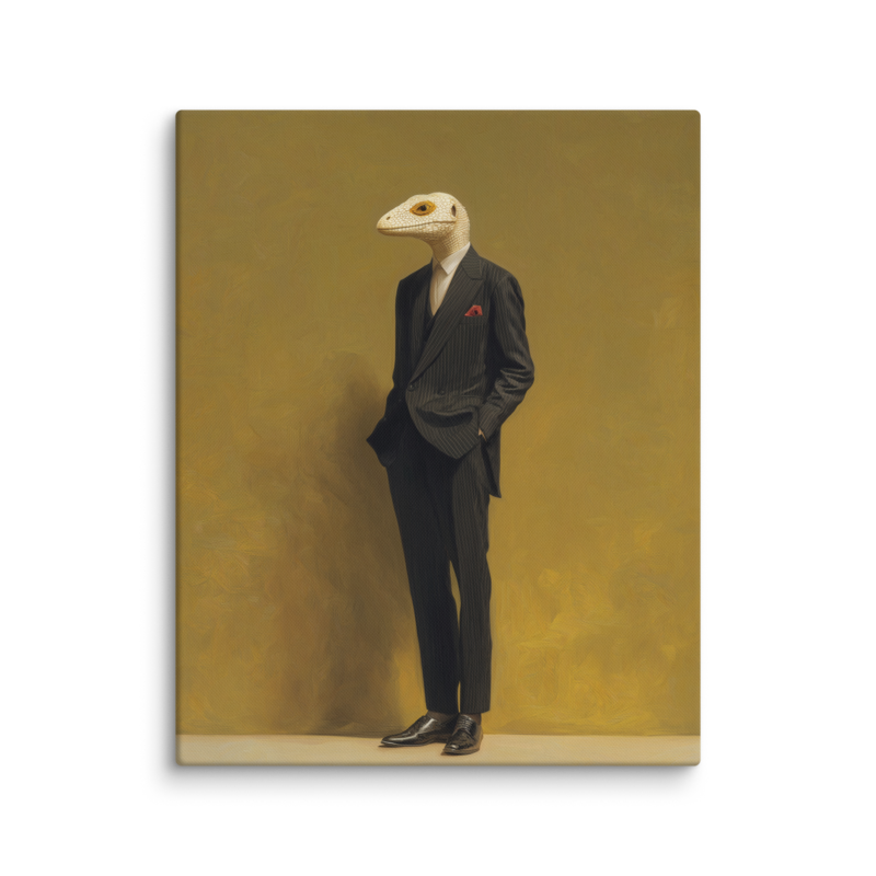 Lizard in a Suit Canvas Print – Surrealist Portrait Wall Art | Eclectic Maximalist Home Decor