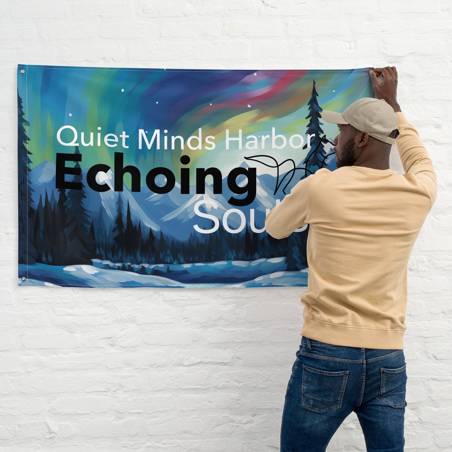 Quiet Minds Harbor Echoing Souls Inspirational Flag - Edward Hopper Inspired Artwork - Aurora Borealis Design - Home Décor Flag