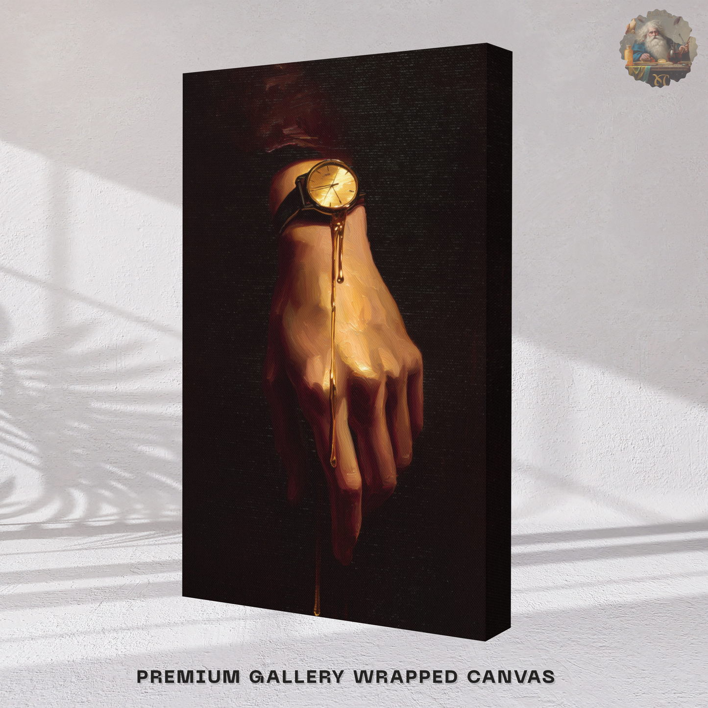 Surrealist Wall Art – Melting Gold Watch Hand Canvas Print | Moody Luxury Dark Home Decor