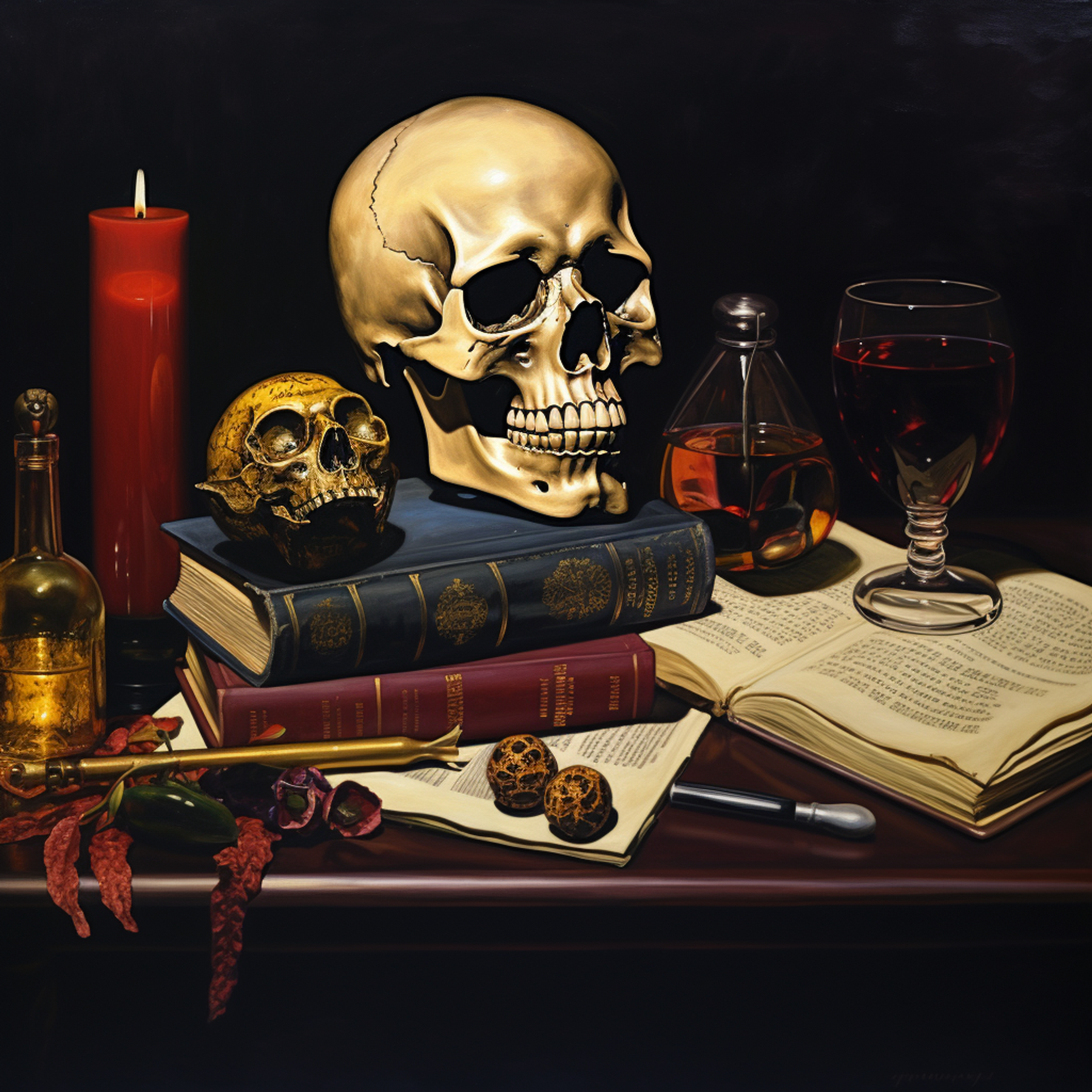 Memento mori themed canvas print inspired by Caravaggio, featuring symbols of life's transience in a dark, dramatic setting.