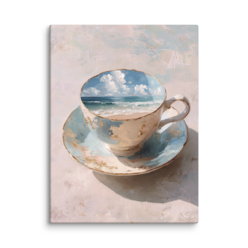 Coastal Teacup Canvas Print – Surreal Ocean Wall Art | Whimsical Beachy Home Decor