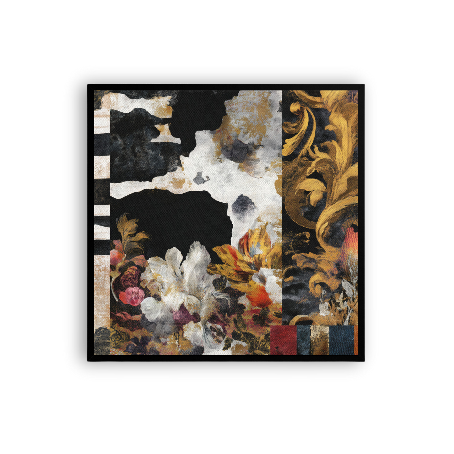 Baroque Noir Bloom — Maximalist Floral Collage Canvas Wall Art