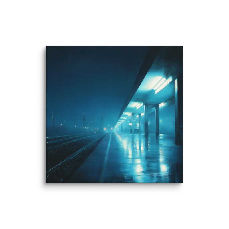 Moody Urban Wall Art – Rainy Train Platform Canvas Print | Dark Blue Cinematic Home Decor