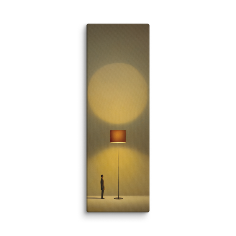 Tiny Figure & Lamp Canvas Print – Minimalist Surrealist Wall Art | Japandi Warm Home Decor