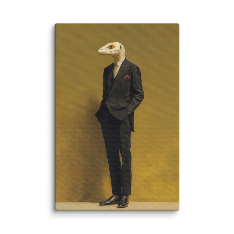 Lizard in a Suit Canvas Print – Surrealist Portrait Wall Art | Eclectic Maximalist Home Decor