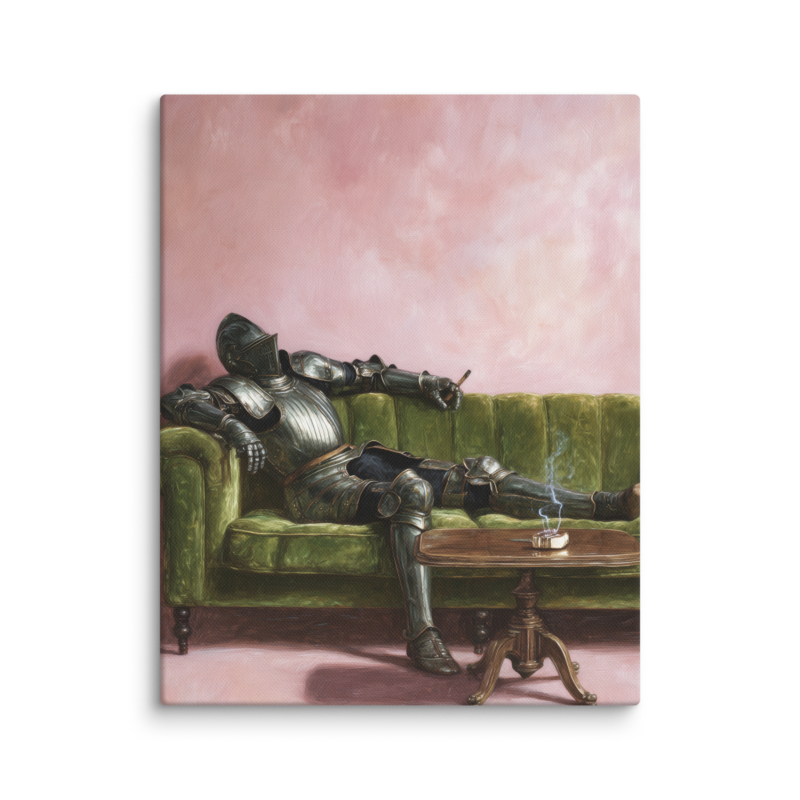 Surrealist Wall Art – Knight on Sofa Canvas Print | Funny Eclectic Maximalist Home Decor