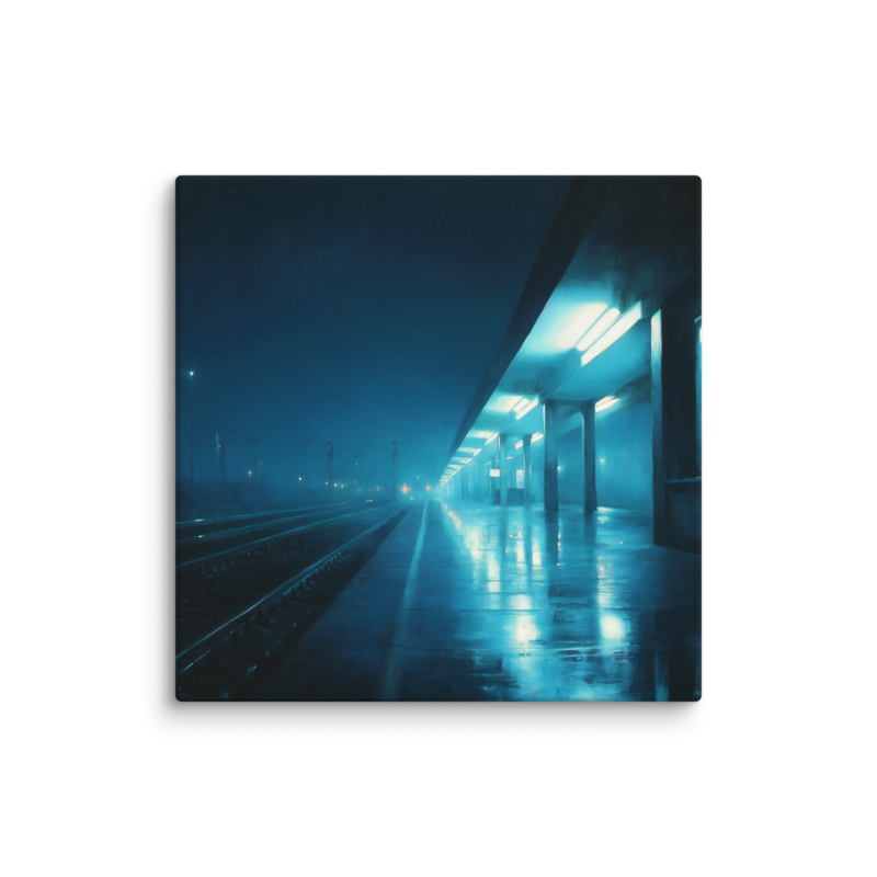 Moody Urban Wall Art – Rainy Train Platform Canvas Print | Dark Blue Cinematic Home Decor