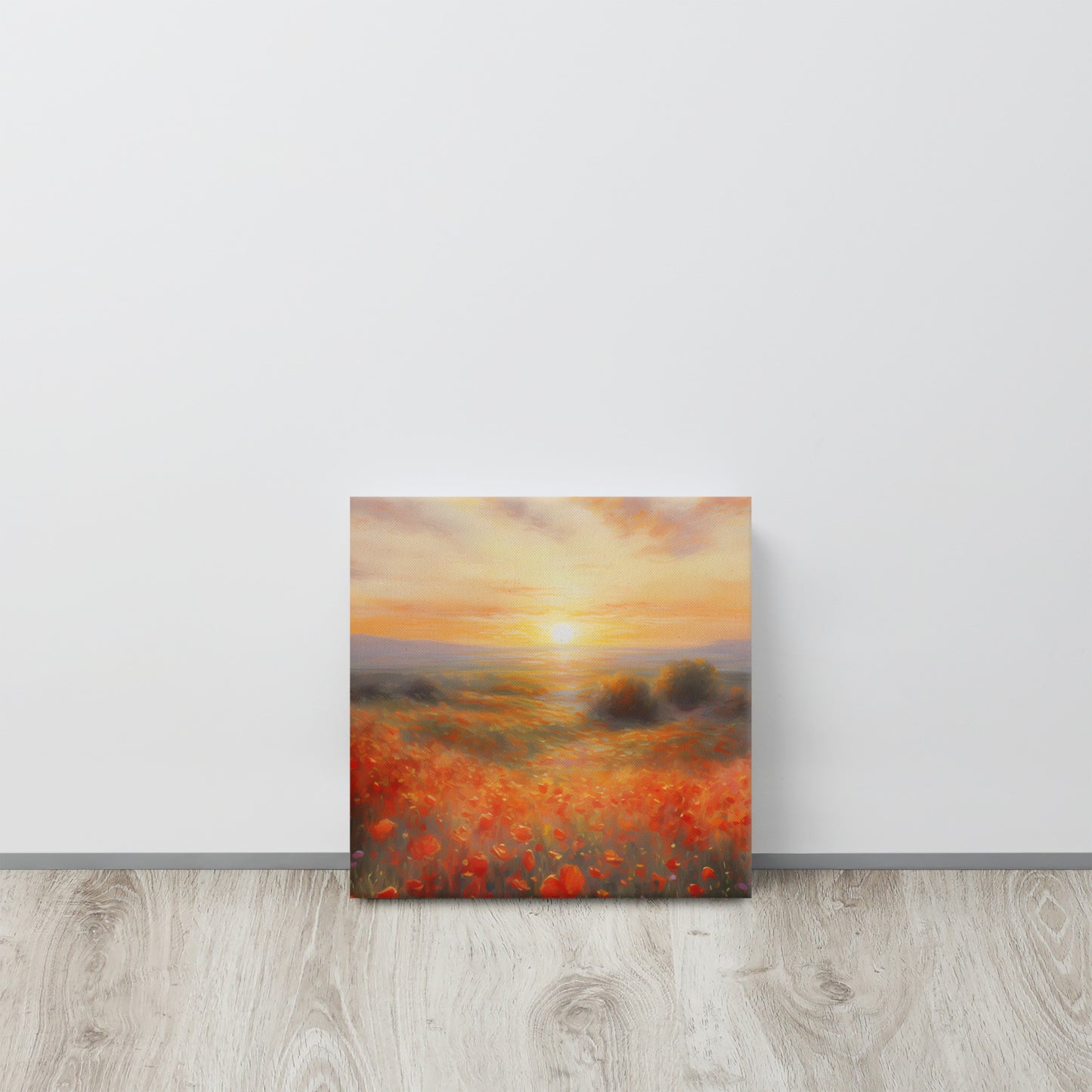 "Dawn's Embrace": Monet-Inspired AI Canvas Print of a Sunrise Over a Poppy Field