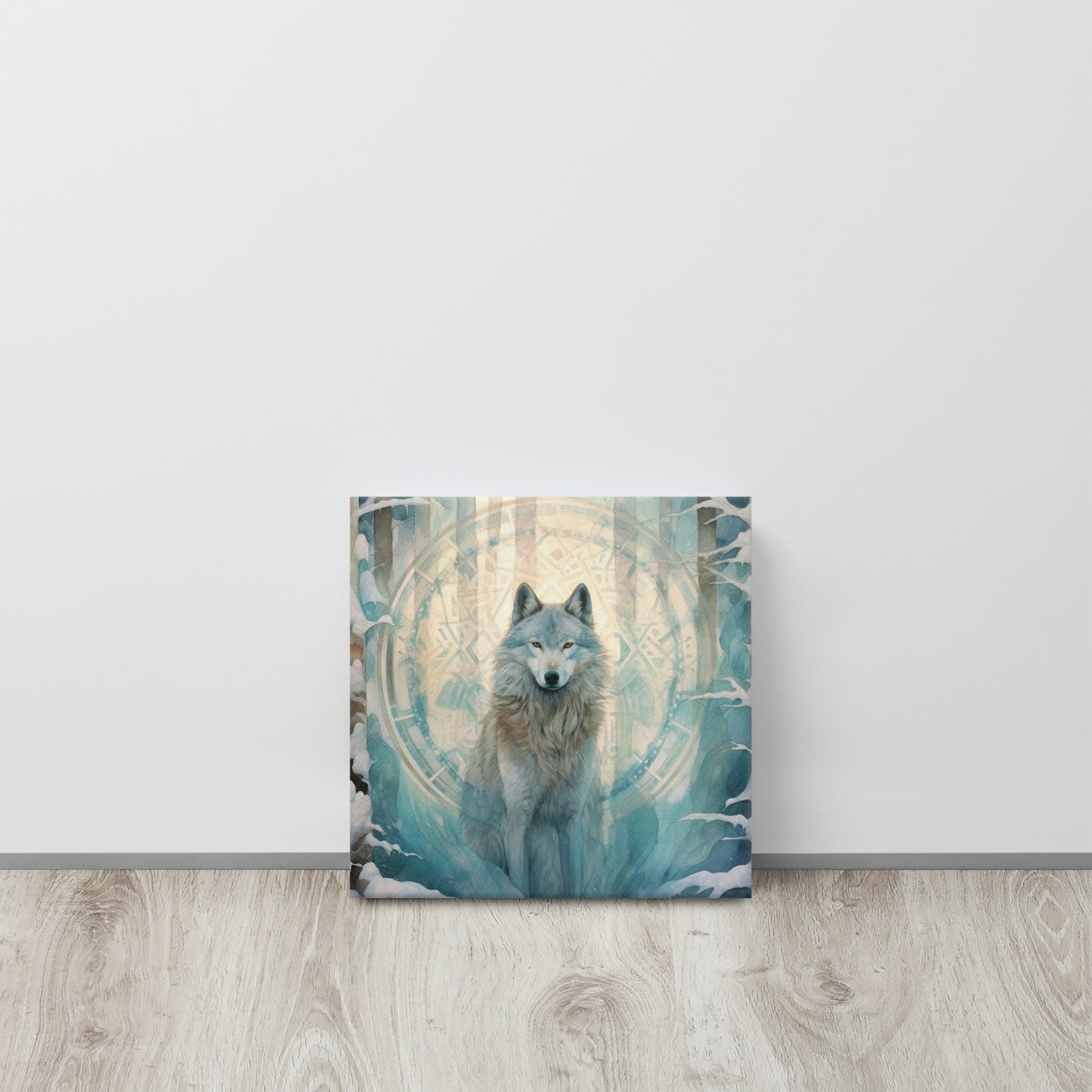 Celestial Wolf in Winter Forest - Ethereal Turquoise Glow Canvas Print Inspired by John Ruskin