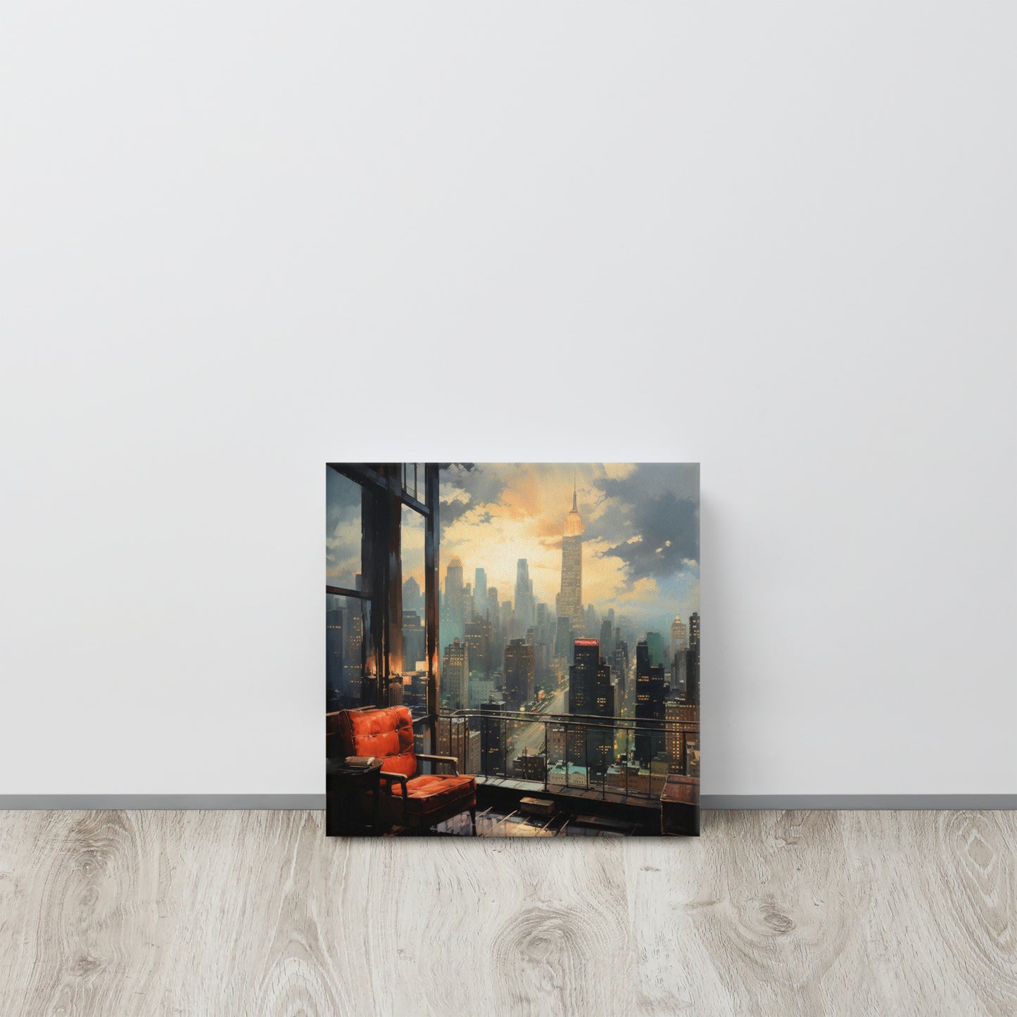 Window to the Metropolis: Solitude in Emerald & Crimson Canvas Print