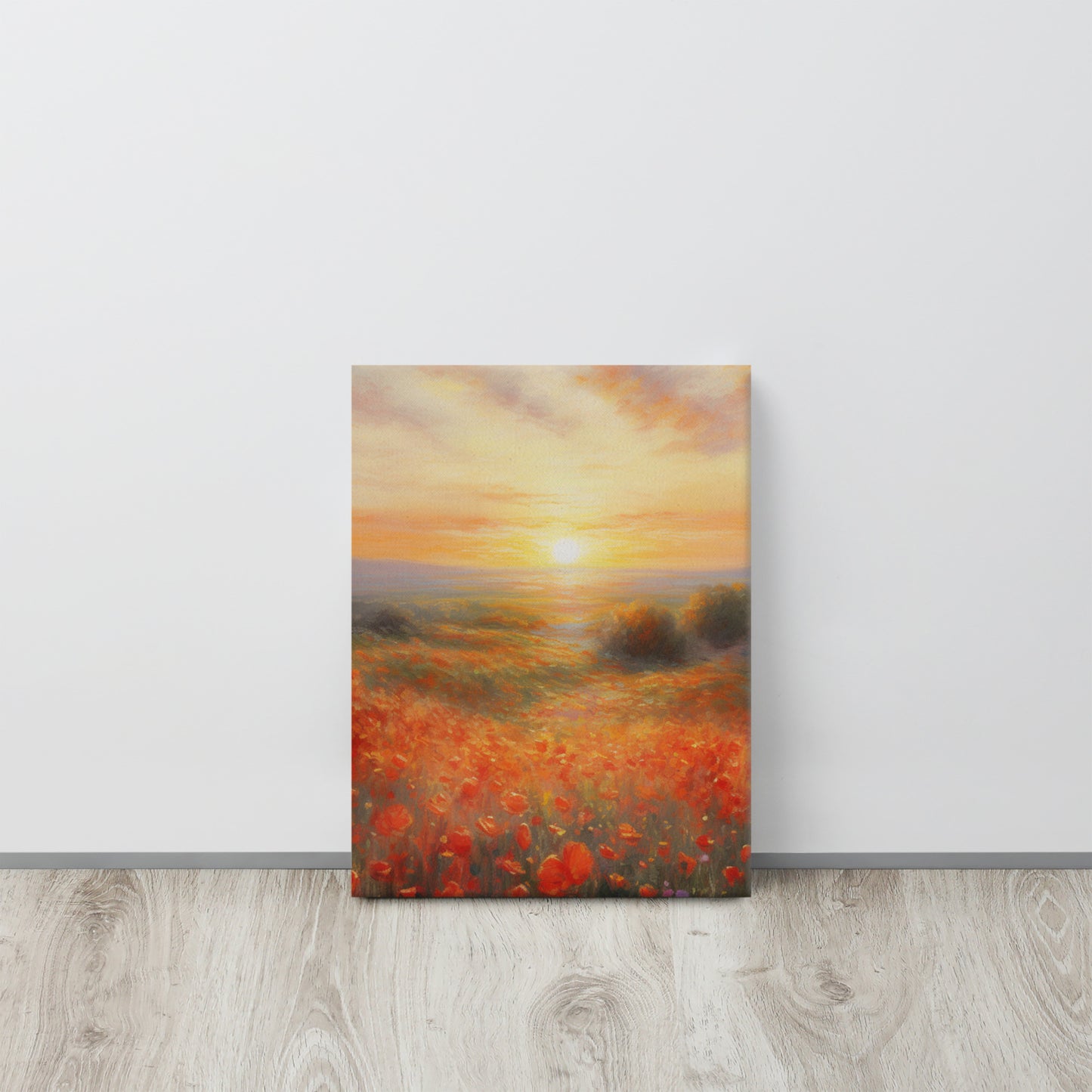 "Dawn's Embrace": Monet-Inspired AI Canvas Print of a Sunrise Over a Poppy Field