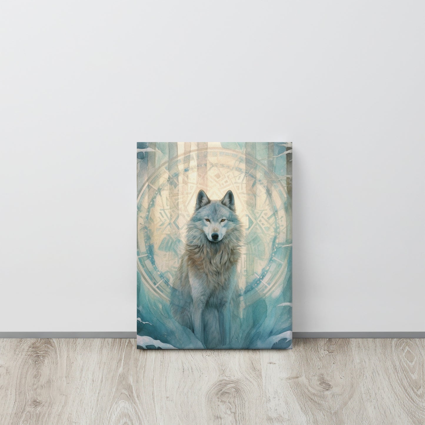 Celestial Wolf in Winter Forest - Ethereal Turquoise Glow Canvas Print Inspired by John Ruskin