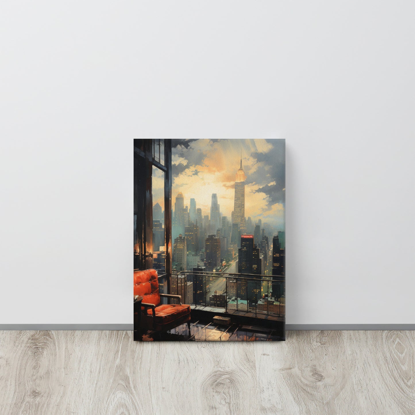 Window to the Metropolis: Solitude in Emerald & Crimson Canvas Print