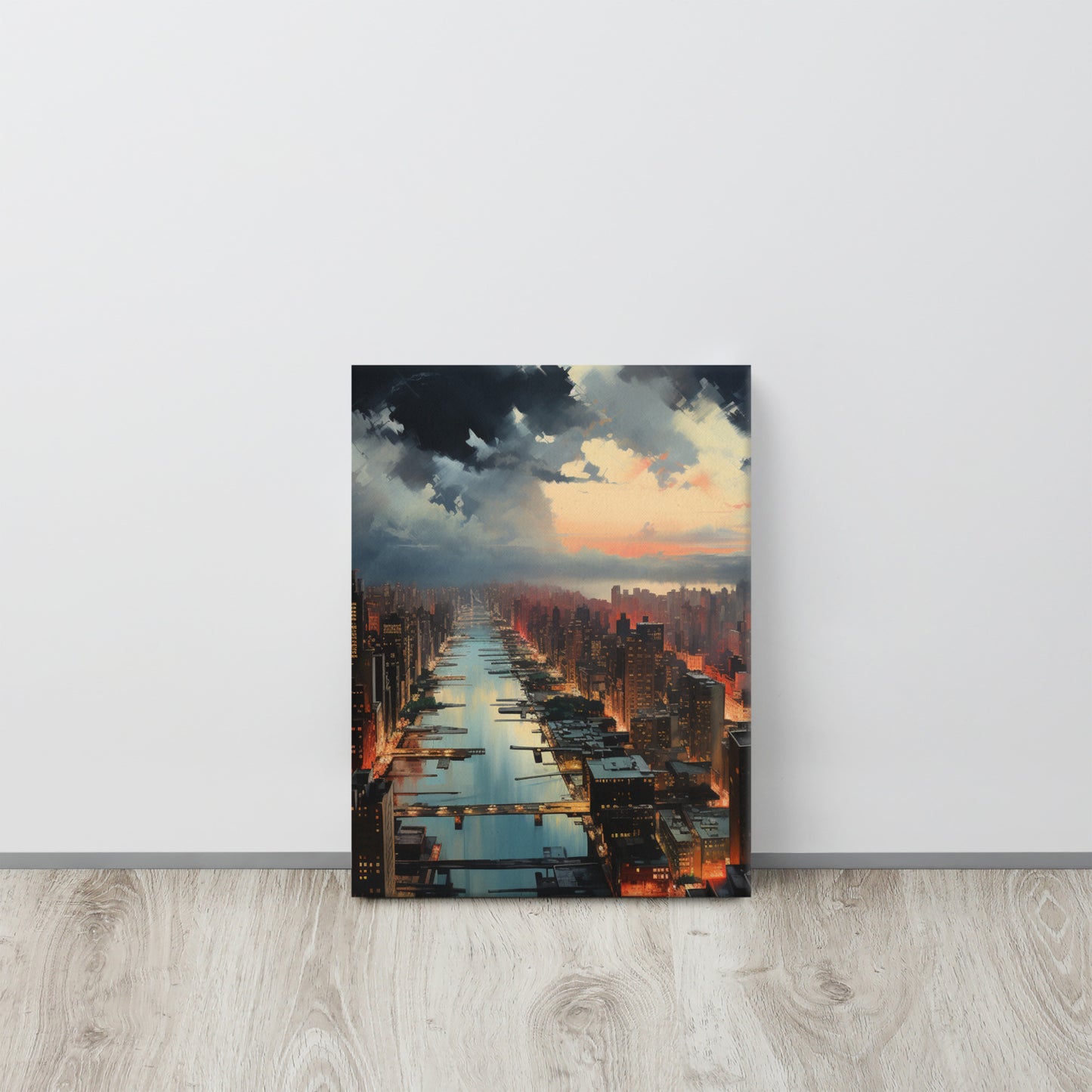 Above the Metropolis: Solitude in Emerald & Crimson Canvas Print