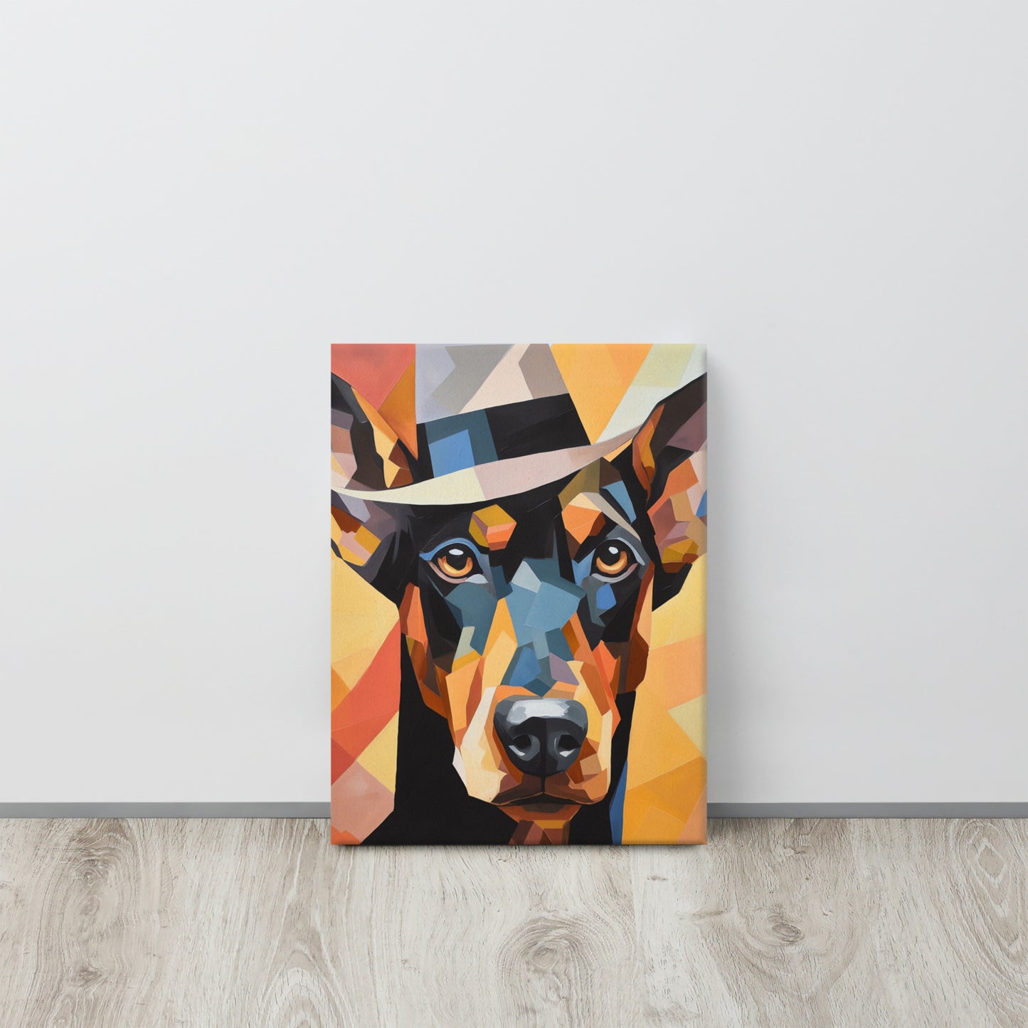 Doberman in Fedora: A Mesmerizing Cubist Canvas Print – The Pinnacle of Abstract Canine Chic Art