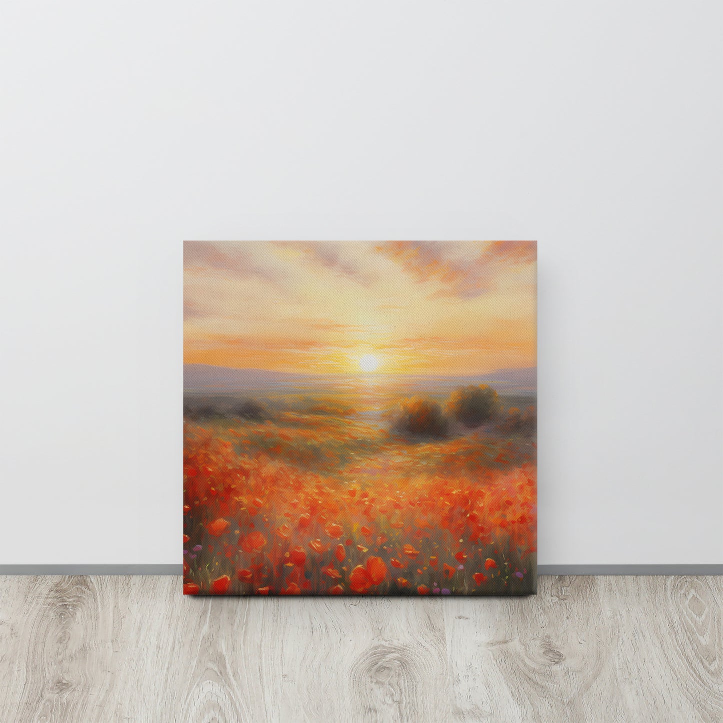 "Dawn's Embrace": Monet-Inspired AI Canvas Print of a Sunrise Over a Poppy Field