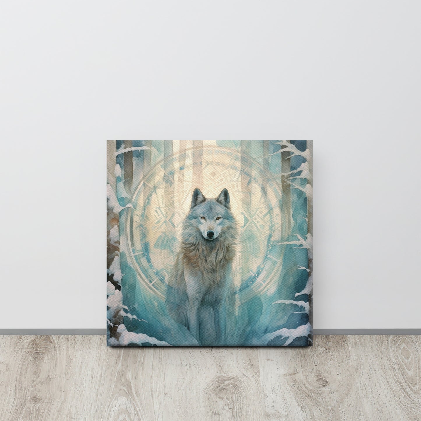 Celestial Wolf in Winter Forest - Ethereal Turquoise Glow Canvas Print Inspired by John Ruskin