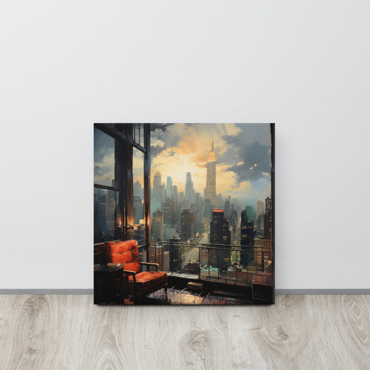 Window to the Metropolis: Solitude in Emerald & Crimson Canvas Print