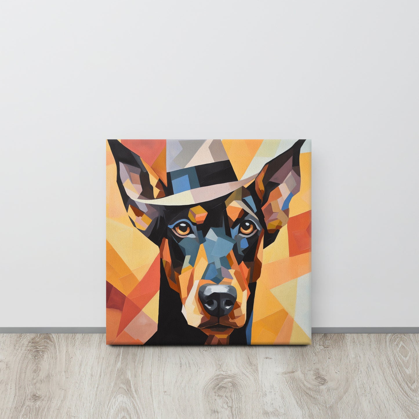 Doberman in Fedora: A Mesmerizing Cubist Canvas Print – The Pinnacle of Abstract Canine Chic Art