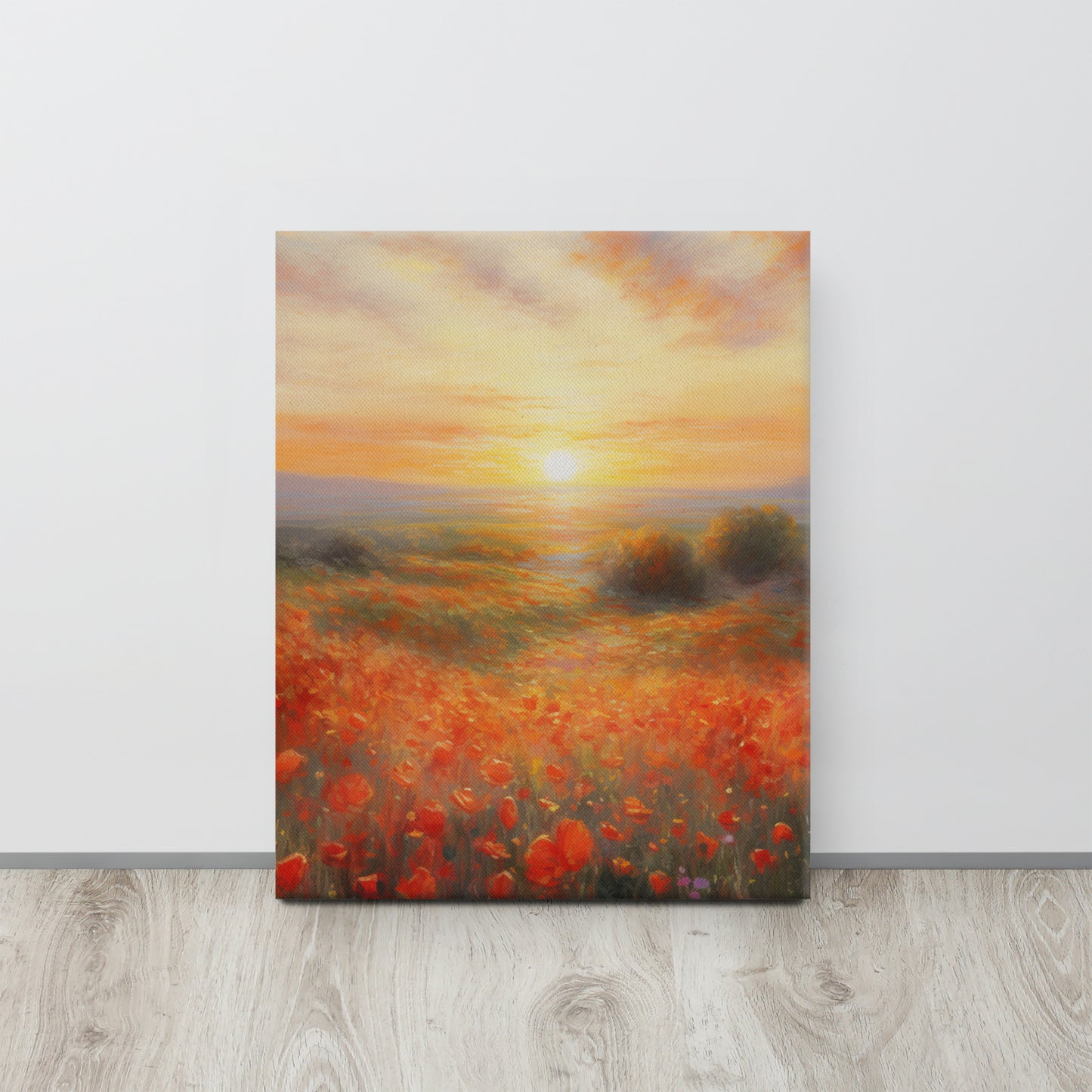 "Dawn's Embrace": Monet-Inspired AI Canvas Print of a Sunrise Over a Poppy Field