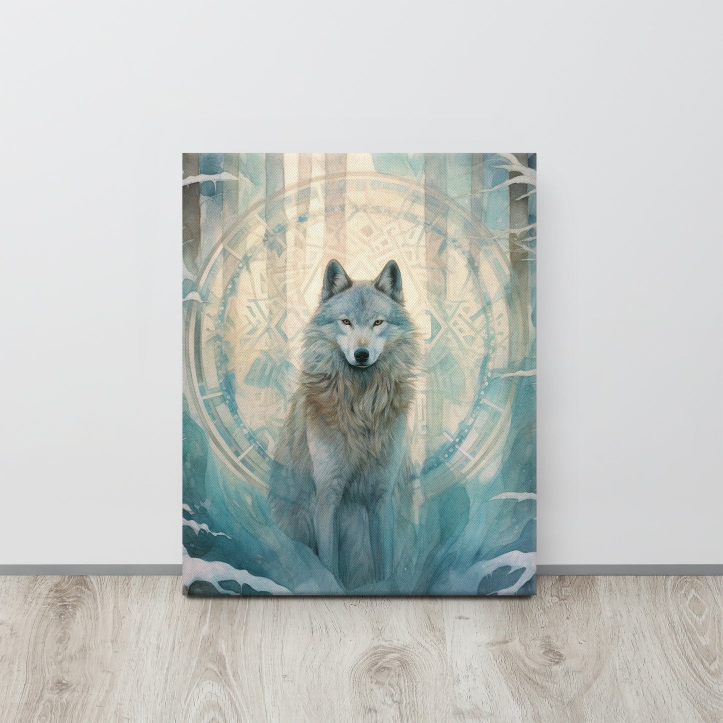 Celestial Wolf in Winter Forest - Ethereal Turquoise Glow Canvas Print Inspired by John Ruskin