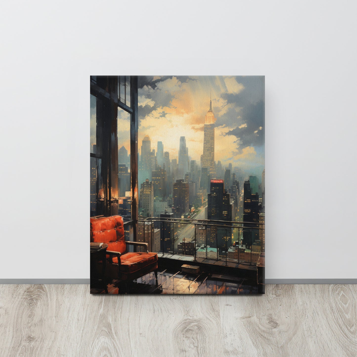 Window to the Metropolis: Solitude in Emerald & Crimson Canvas Print