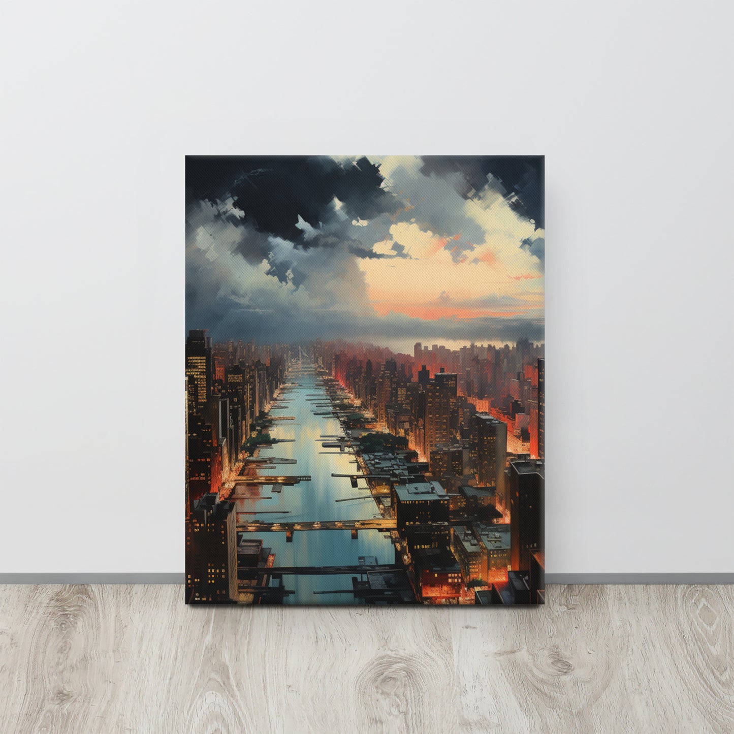 Above the Metropolis: Solitude in Emerald & Crimson Canvas Print