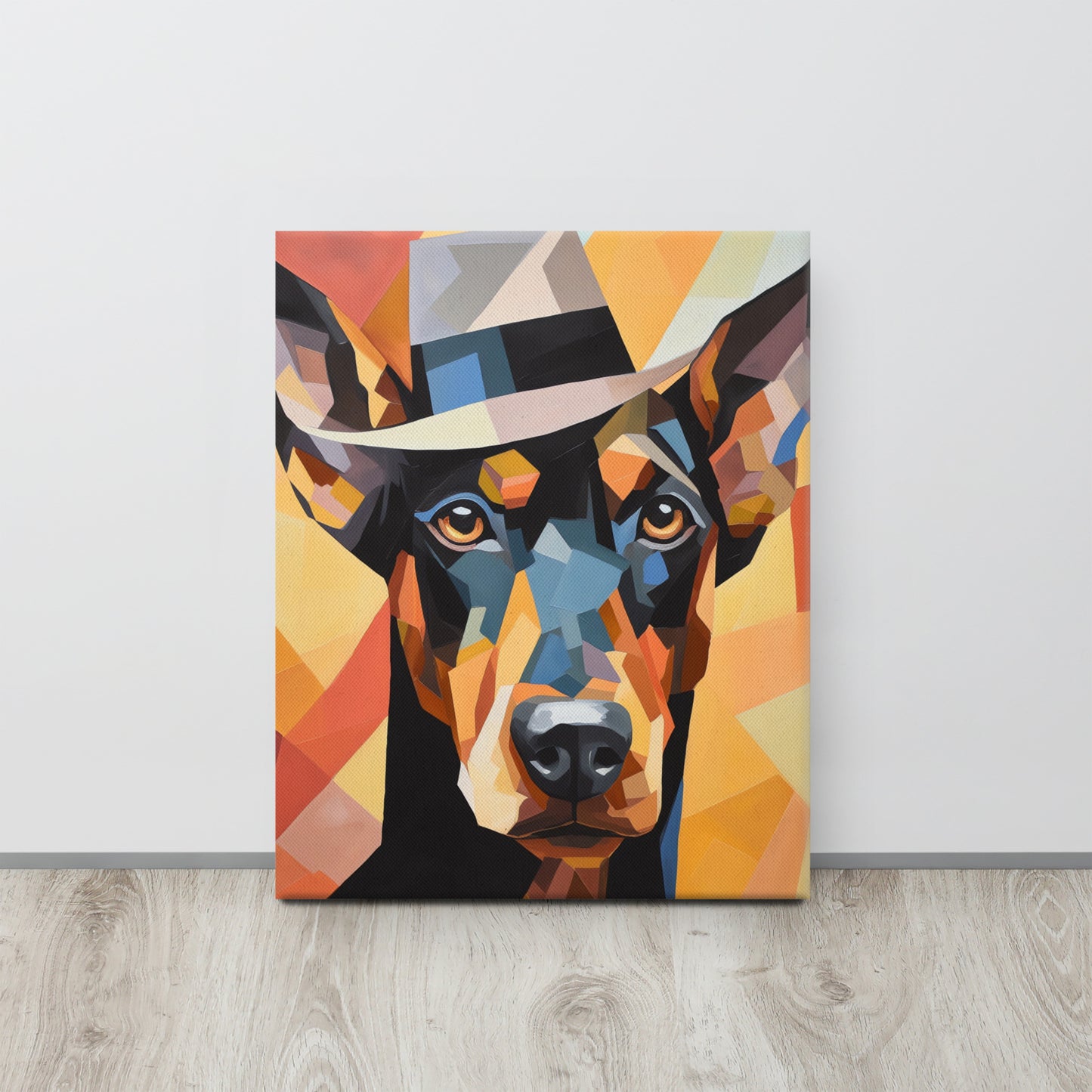 Doberman in Fedora: A Mesmerizing Cubist Canvas Print – The Pinnacle of Abstract Canine Chic Art