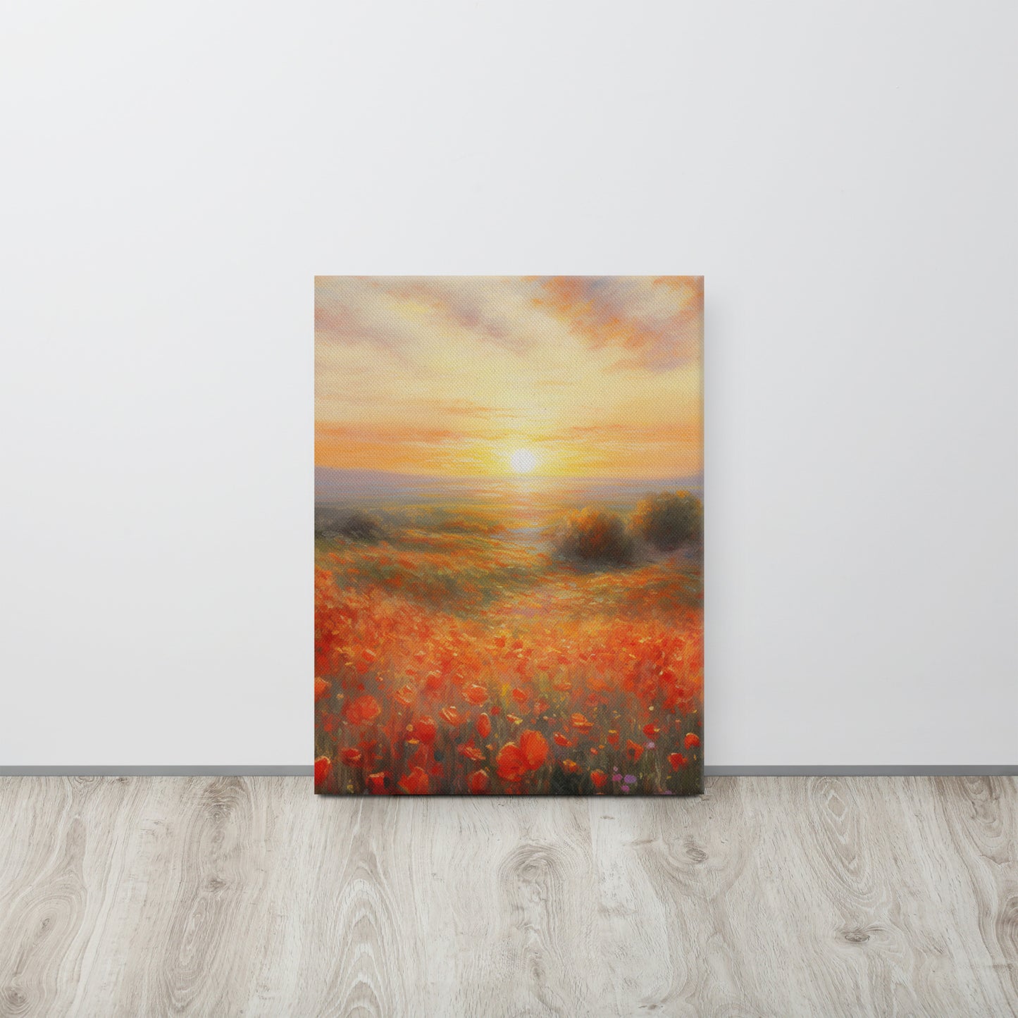 "Dawn's Embrace": Monet-Inspired AI Canvas Print of a Sunrise Over a Poppy Field