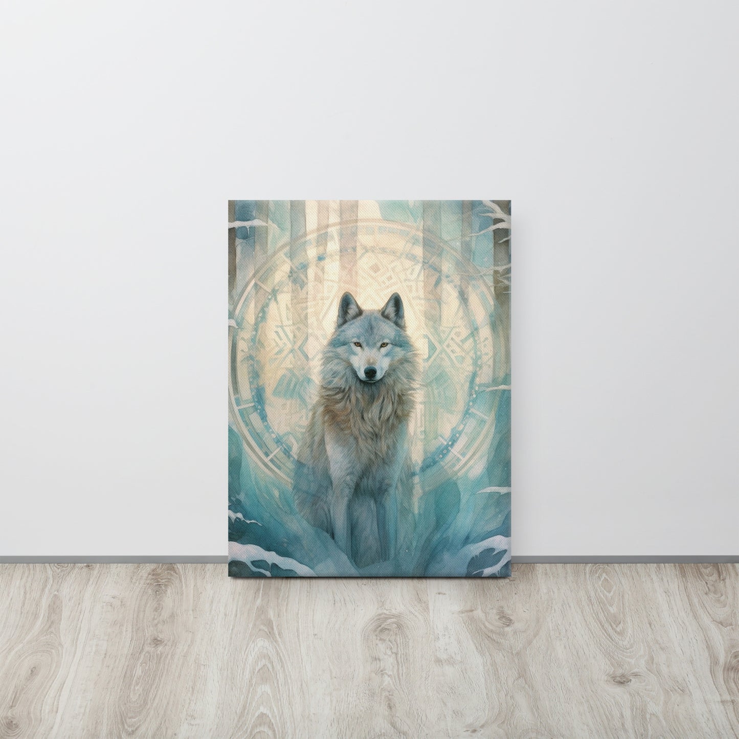 Celestial Wolf in Winter Forest - Ethereal Turquoise Glow Canvas Print Inspired by John Ruskin