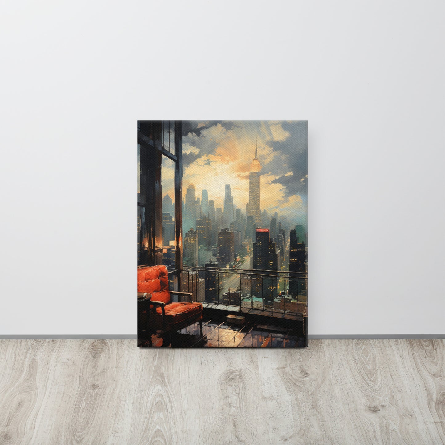 Window to the Metropolis: Solitude in Emerald & Crimson Canvas Print