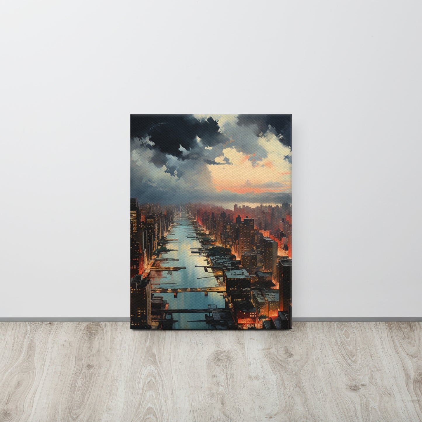 Above the Metropolis: Solitude in Emerald & Crimson Canvas Print