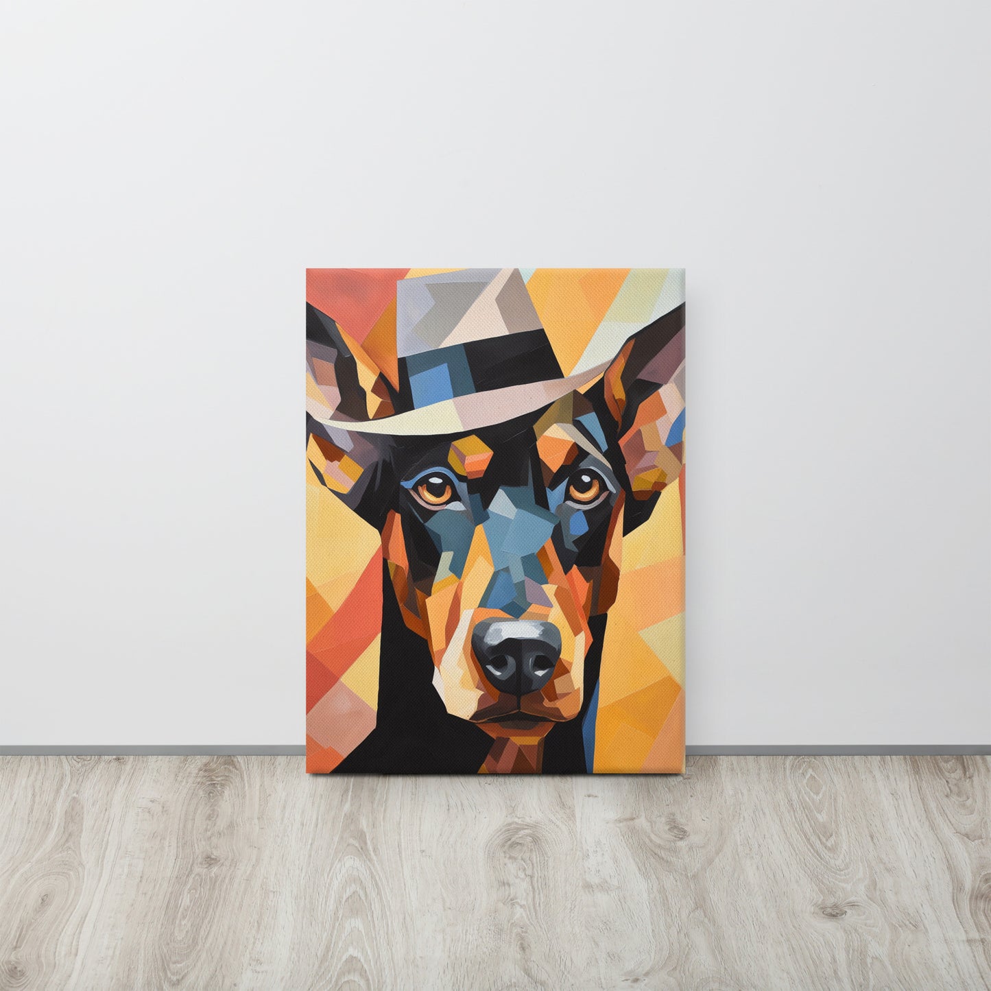 Doberman in Fedora: A Mesmerizing Cubist Canvas Print – The Pinnacle of Abstract Canine Chic Art