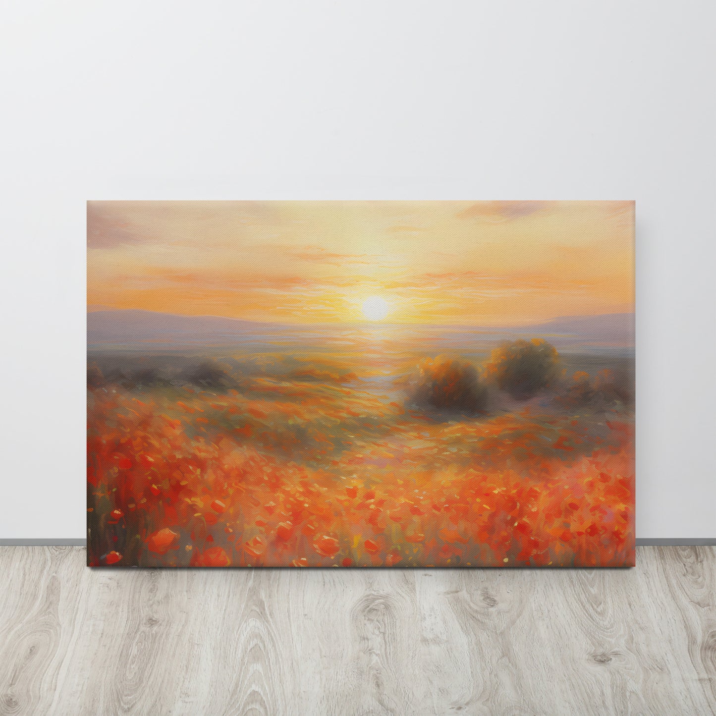 "Dawn's Embrace": Monet-Inspired AI Canvas Print of a Sunrise Over a Poppy Field