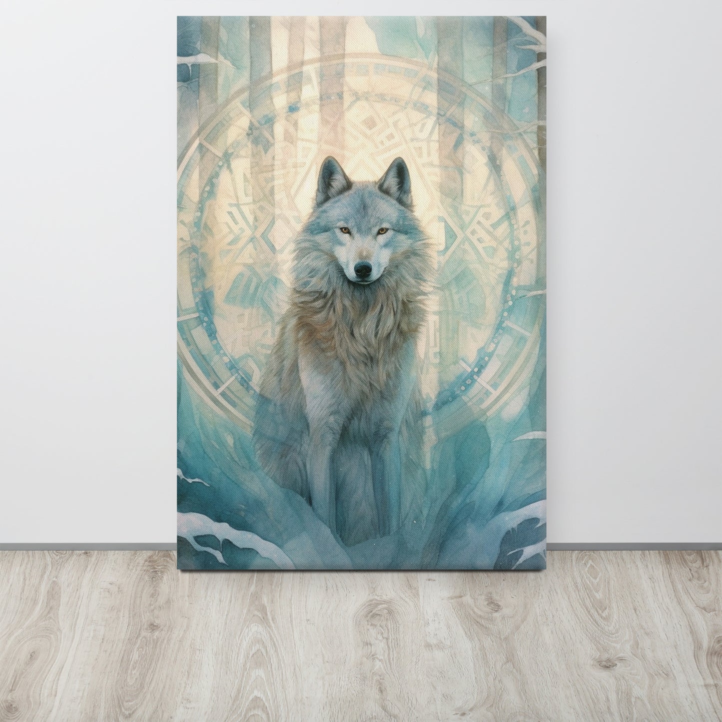 Celestial Wolf in Winter Forest - Ethereal Turquoise Glow Canvas Print Inspired by John Ruskin