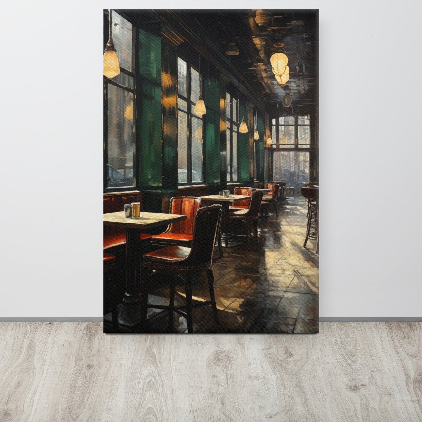 Café at Dusk: Solitude in Emerald & Crimson Canvas Print