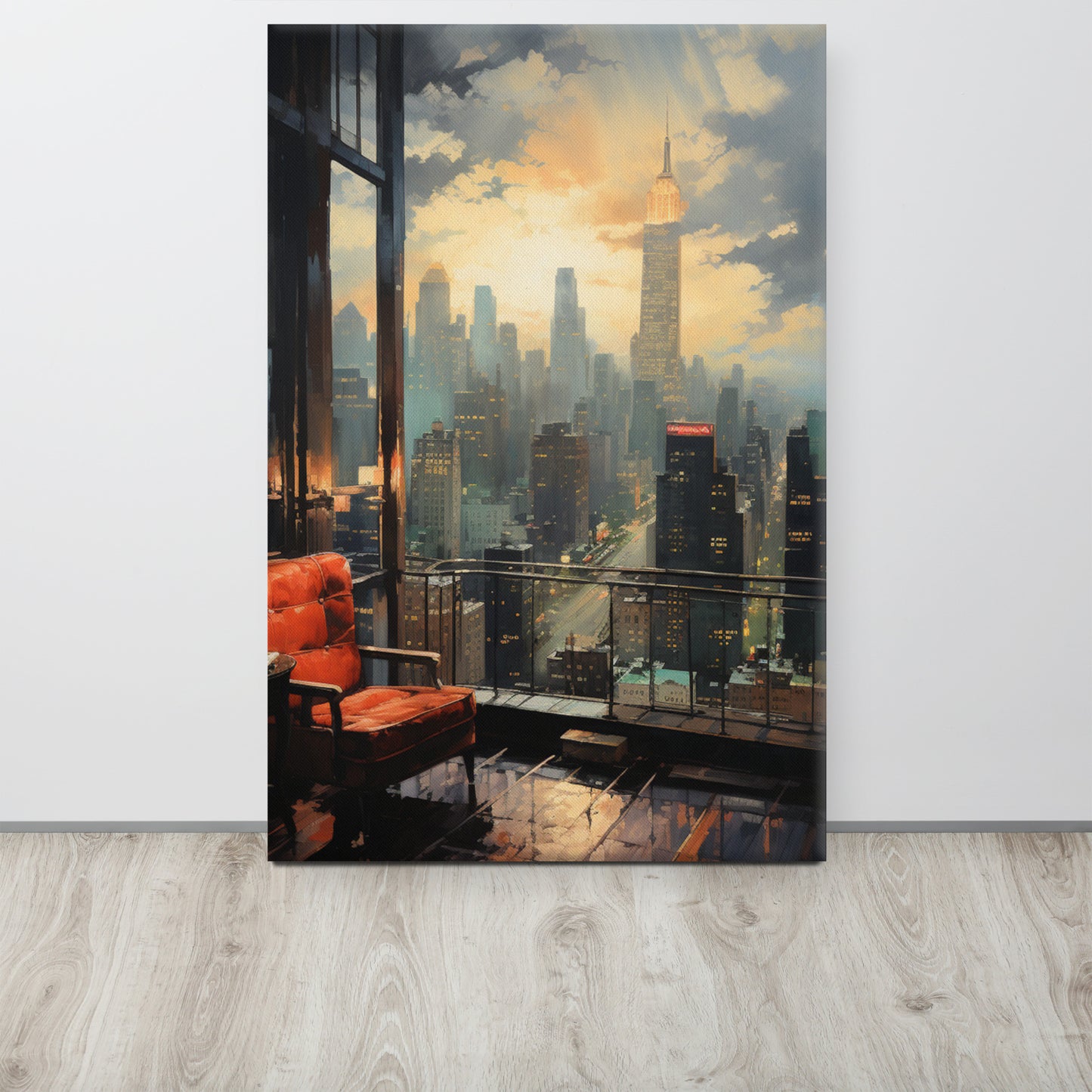 Window to the Metropolis: Solitude in Emerald & Crimson Canvas Print