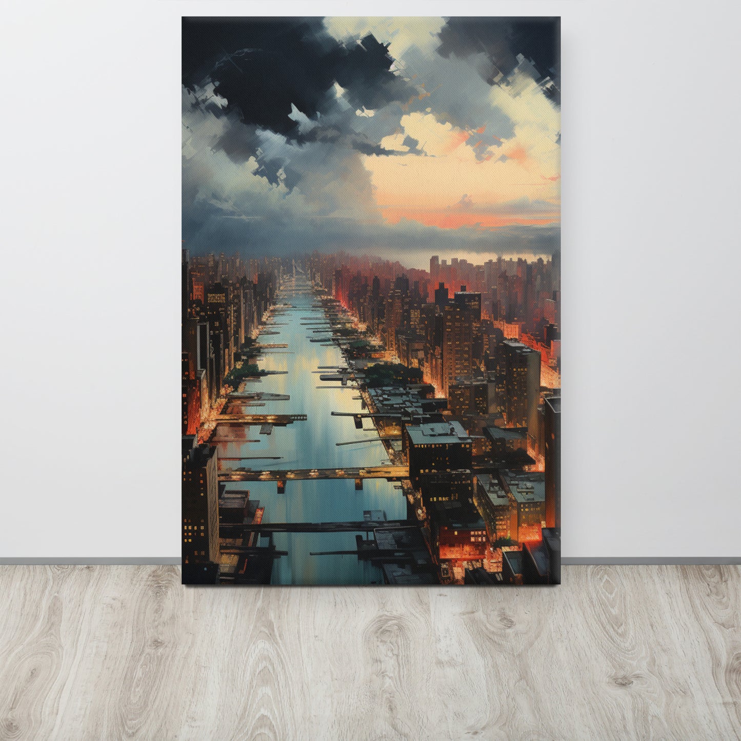 Above the Metropolis: Solitude in Emerald & Crimson Canvas Print