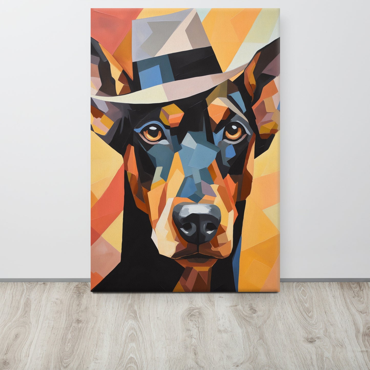 Doberman in Fedora: A Mesmerizing Cubist Canvas Print – The Pinnacle of Abstract Canine Chic Art