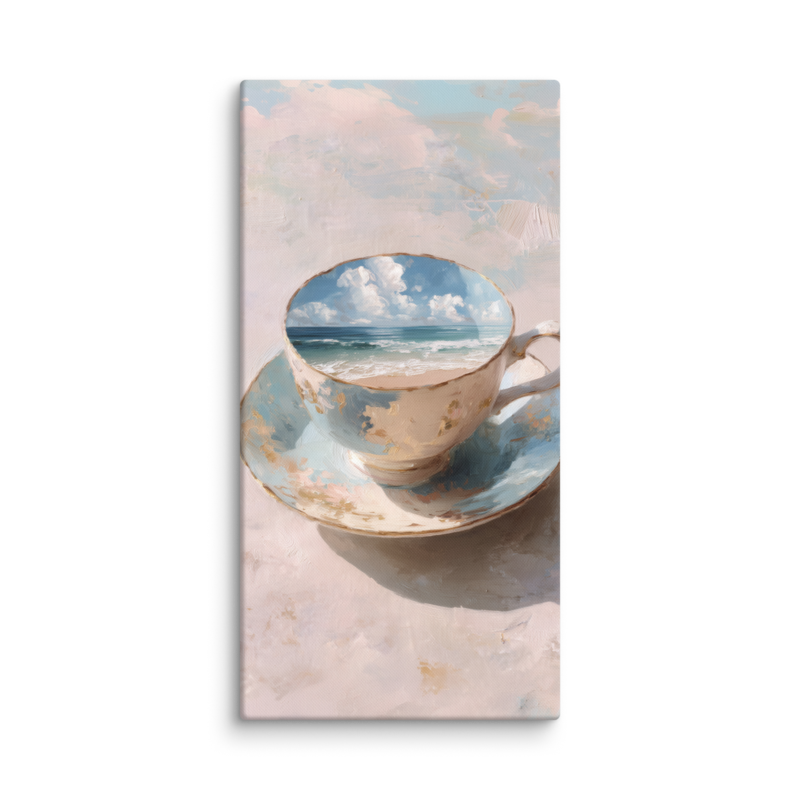 Coastal Teacup Canvas Print – Surreal Ocean Wall Art | Whimsical Beachy Home Decor