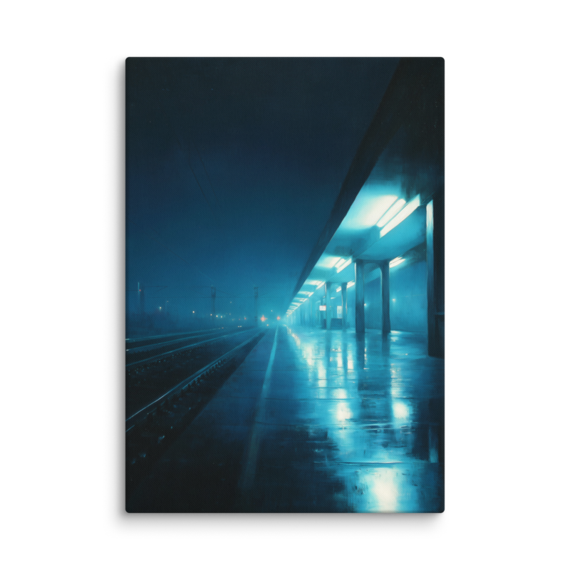 Moody Urban Wall Art – Rainy Train Platform Canvas Print | Dark Blue Cinematic Home Decor