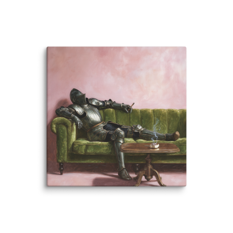 Surrealist Wall Art – Knight on Sofa Canvas Print | Funny Eclectic Maximalist Home Decor