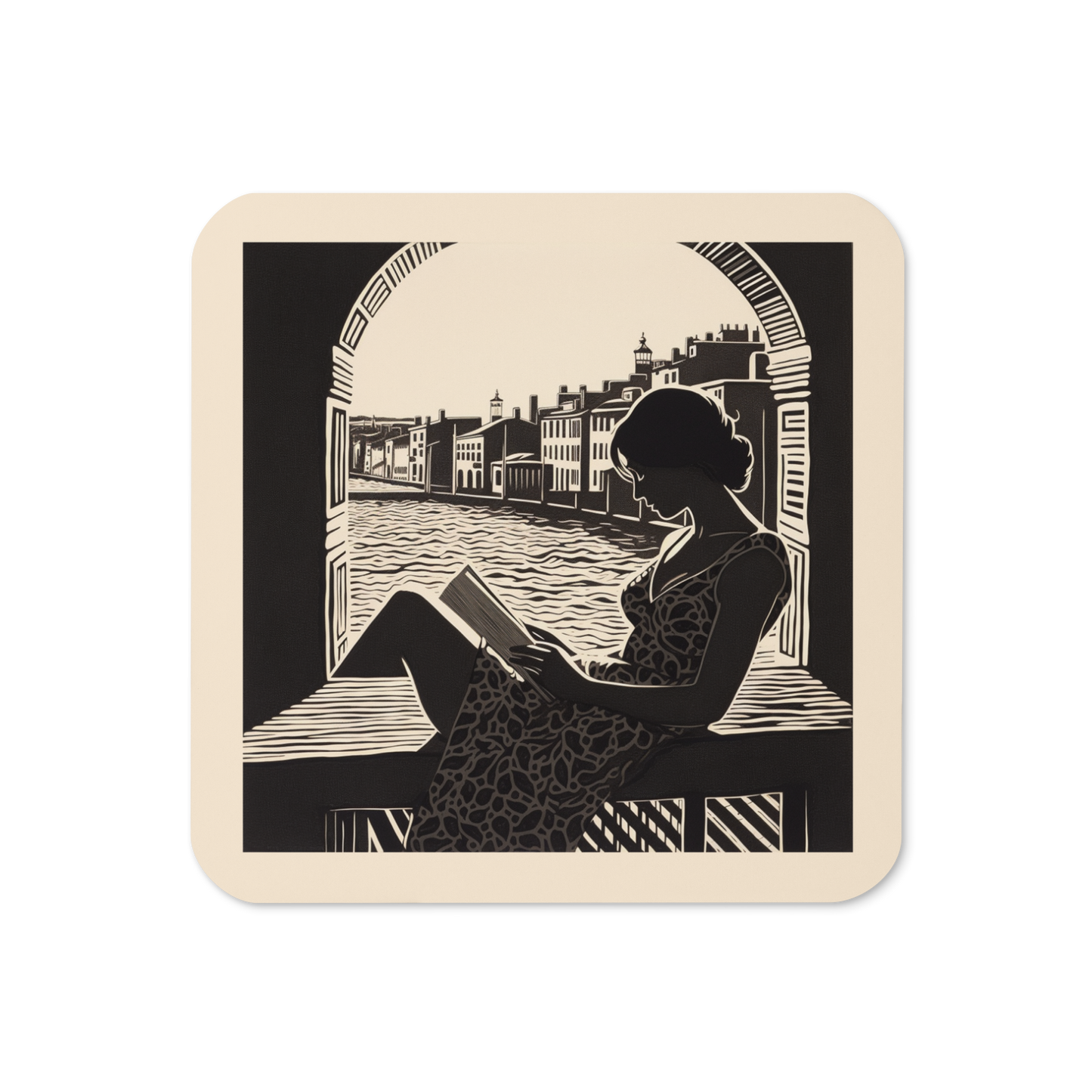 "Venetian Solitude" Coaster: Intimate Linocut Moments in Venice