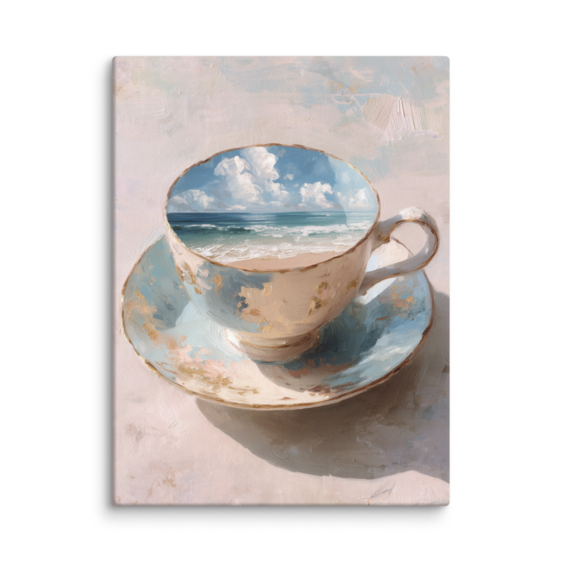 Coastal Teacup Canvas Print – Surreal Ocean Wall Art | Whimsical Beachy Home Decor