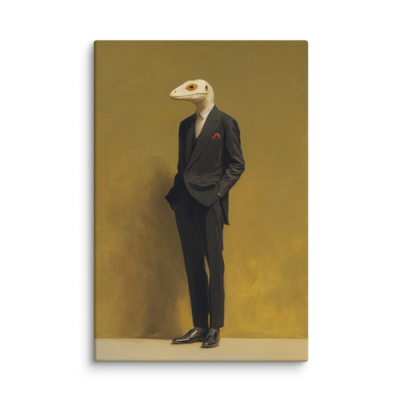 Lizard in a Suit Canvas Print – Surrealist Portrait Wall Art | Eclectic Maximalist Home Decor