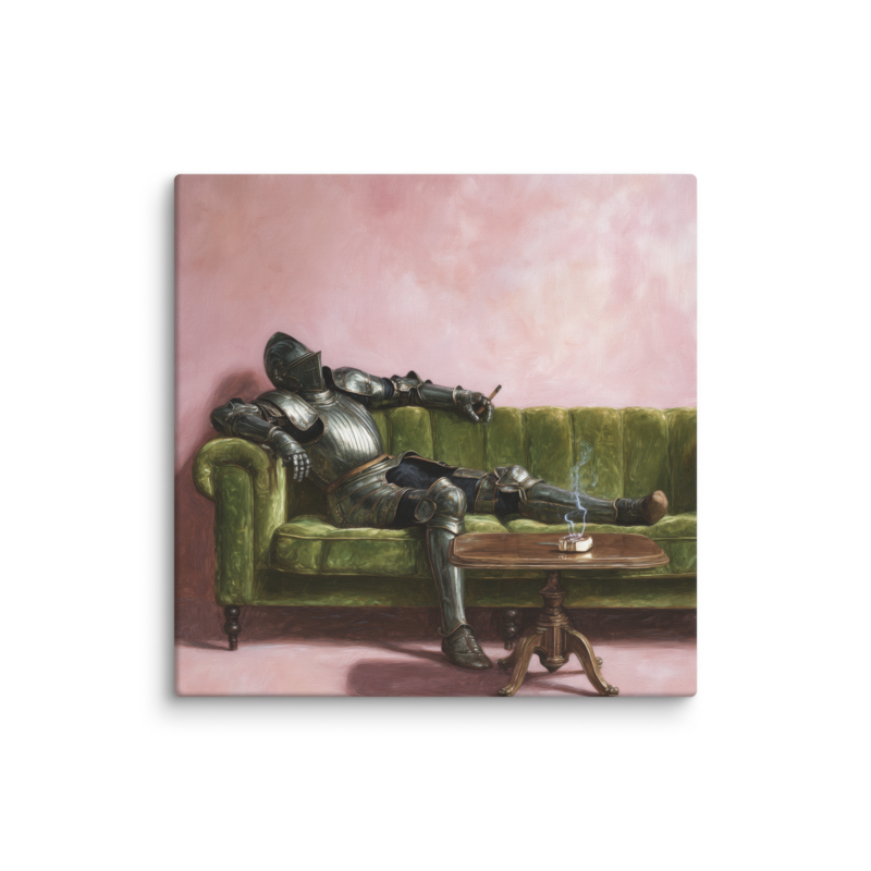 Surrealist Wall Art – Knight on Sofa Canvas Print | Funny Eclectic Maximalist Home Decor