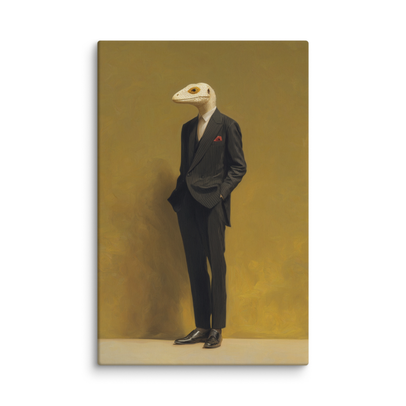 Lizard in a Suit Canvas Print – Surrealist Portrait Wall Art | Eclectic Maximalist Home Decor